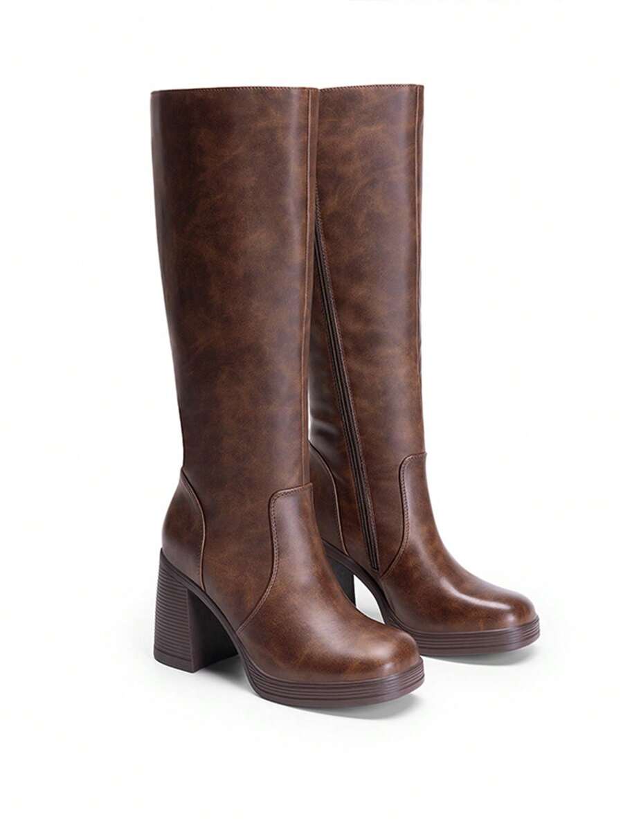 Women's Chunky Block Heel Knee High Boots Square Toe Side Zipper Platform Solid Color Fashionable Gogo Boots - màu nâu - Xem 1