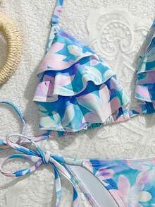 女士蓝粉色花卉荷叶边浪漫沙滩度假挂脖比基尼套装 - 藍粉 - 查看 4