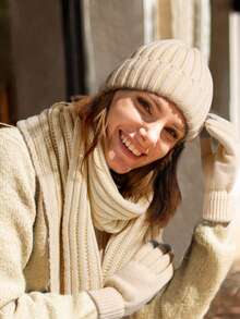 Winter Hat Long Scarf Touchscreen Gloves Set Thermal Lined Warm Knit Beanie For Wo Women Clothing Winter Valentines Gift - Three-piece Set (without Ball) - View 4