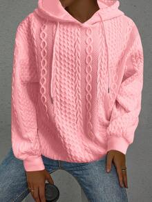 Plus Size Women Loose Casual Solid Color Jacquard Knit Long Sleeve Hoodie Sweatshirt