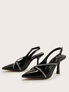 Sapatos de Salto Alto Femininos com Bico Fino, Decoração de Strass Preto Brilhante, Versátil para Uso Diário, Banquete, Festa - Preto - Visão 3