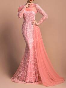 女士优雅长袖圆领串珠长款晚礼服 - 珍珠点缀领口，不对称雪纺垂褶和修身鱼尾裙摆 | 完美适用于正式派对、盛会和婚礼 | 搭配璀璨珠宝和细带高跟鞋 - 珊瑚橙 - 查看 4