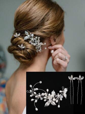 一套水晶藤蔓花叶新娘发饰，水钻发夹，优雅婚礼头饰，珍珠藤蔓发饰镶嵌水晶水钻，叶子造型，适合女性、女孩、伴娘、新娘佩戴