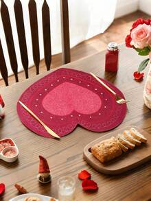 4pcs Red Valentines Day Heart-Shaped Linen Placemat, Embroidered Red Gillter Heart With Sequins Design Valentines Table Mats, Waterproof, Easy To Clean,Durable Tabletop Decoration, Dining Table Decoration, Table Centerpieces,Suitable For Home, Restaurant And Cafe,Holiday Wedding Decor