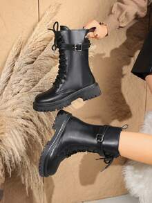 秋冬朋克风系带侧拉链女靴，配皮带扣，百搭踝靴 - 黑色 - 查看 4