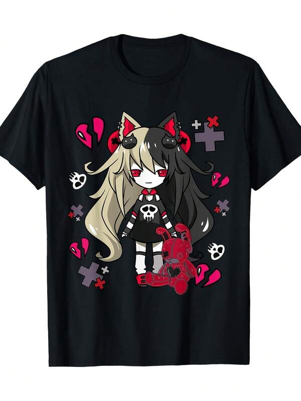 Quick Ship Women's Black Anime Graphic Cotton T-Shirt - Cute Cat Ear Character Print, Loose Fit Short Sleeve Round Neck, Soft Breathable Fabric For Casual Summer Wear & Parties, Everyday Comfort Tee, Playful Character Design, Relaxed Fit Tee Mother Daughter Matching Outfit Para Niña Conjunto De Niña Ropa De Niña Shirts Gifts For Teen Girls Teen Boys Gifts Kids Tops For Teen Girls Kids Girls Clothing Teen Girls Clothes Juniors Girl Clothes Boy Clothes For Kids Boys Shirts Kids Shirts Tween Girl Clothes Family Matching T Shirts Happy New Year Gift
