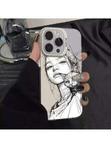 UE (DE et ES) Coque de téléphone 16 Apple 15 Nouvelle 14 Plus Coque rigide 12 Pro Couleur Argent X Convient pour le croquis de chat et de fille - Argent translucide - Voir 5