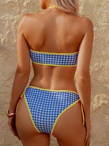 wohenmeili Plaid Print Contrast Trim Halter Neck Bikini Set Vacation - Light Blue Checkered White With Yellow Trim - View 8