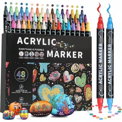 12/24/36/48 Colors Acrylic Paint Markers Set - Dual Tip Acrylic Marker Pens For Wood, Canvas, Stone, Rock Painting, Glass, Ceramic DIY Crafts