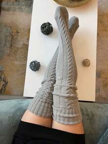 1 Pair Grey Thigh High Socks, Thermal Lined Knee High Socks For Women, Suitable For Autumn/Winter, Holidays & Parties, Cozy YQU8 - 灰色 - 查看 3