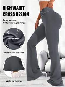 1pc Women's High Waist Flare Pants, Crossover Elastic Waistband Design, Casual Long Versatile Slim Fit Wide Leg Pants, Stretchy Polyester Fabric, Machine Washable, Accentuates Curves, Yoga/Fitness Tight Leggings, High Waist Naked Feeling Lift Tummy Control Trousers - Soft Fabric - Grey - View 3