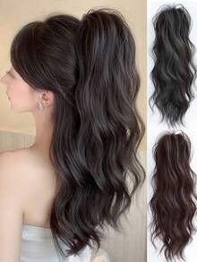 波浪卷曲中长瀑布式假发，自然蓬松高冠增发，半扎发造型，龙骨形发爪，轻盈卷发假发夹，冬季发饰，优雅爪夹，夏季海滩度假风 - 彩色 - 查看 10