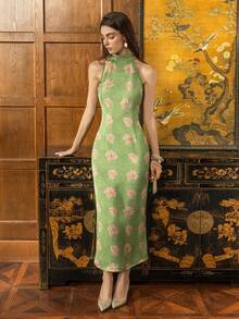 Faeriesty ​Sườn xám phong cách Trung Hoa mới thanh lịch dành cho phụ nữ: Cổ cao, thiết kế không tay với đường xẻ bên quyến rũ và chi tiết buộc có thể điều chỉnh - Lý tưởng cho bữa tối Gala, đám cưới trang trọng, tiệc chiêu đãi kinh doanh và tiệc chiêu đãi sang trọng​ - màu xanh lá - Xem 5