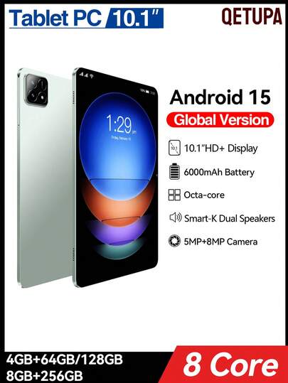 Qetupa X90商务平板电脑，8/4GB内存+256/128/64GB存储空间，搭载Android 15系统，MTK6771八核2.0GHz处理器，支持802.11ac Wi-Fi 5双频2.4G+5G网络，蓝牙5.2，高清(1280x800)触控屏，500万像素+800万像素双摄像头，6000mAh长效电池，支持最高512GB存储扩展，不支持SIM卡。这款平板电脑配备双摄像头，适用于会议等多种场景，拥有超长续航、无广告体验和触控屏幕，是馈赠佳品。