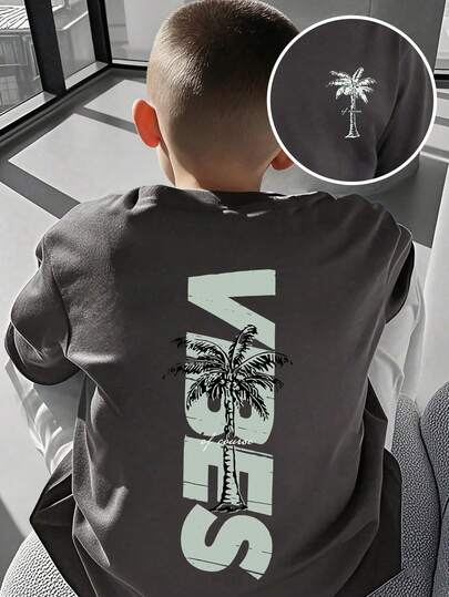 Young Boy Palm Tree Letter Print Round Neck Short Sleeve Casual T-Shirt