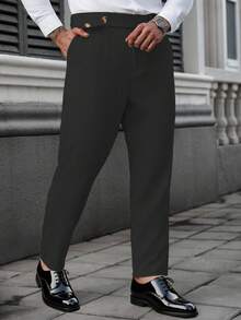 Plus Size Men's Solid Color Waist Button Design Pocket Casual Pants - Black - View 3
