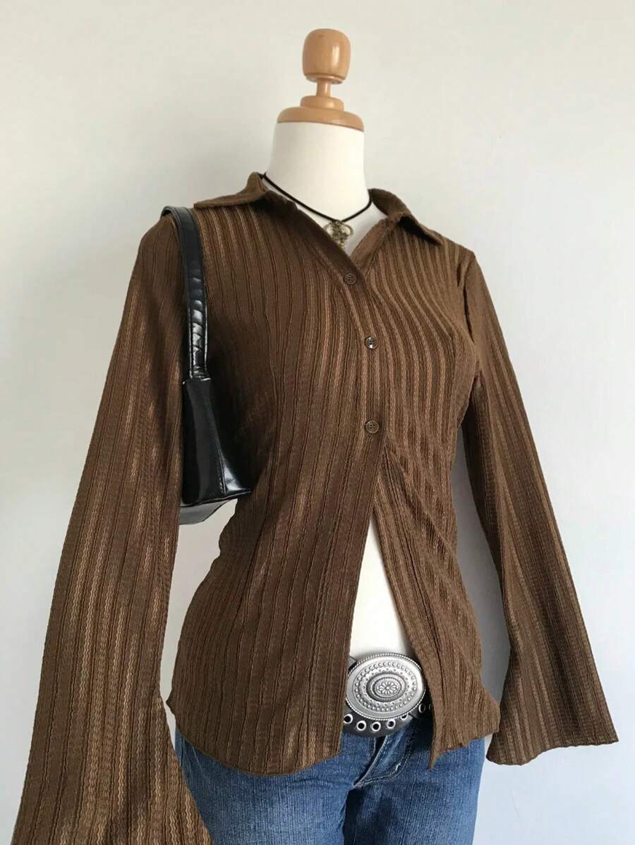 Women's Solid Color Textured Fabric Collared Shirt With Unique Bell Sleeves - Brown - View 1
