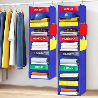 1 pieza Organizador colgante de armario para días de semana y fin de semana, estantería de almacenamiento de 6 niveles con etiquetas de colores, diseño ahorra espacio con 2 bolsillos, estantería colgante diaria para el armario, organizador de cajón de almacenamiento azul