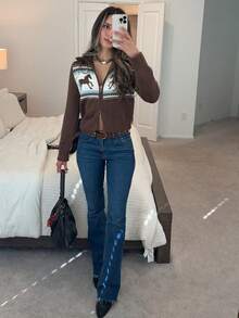 2025 New Fashion - Casual Style - Minimalist Animal Horse Jacquard Print Stand Collar Half Stand Collar Zip-Up Knit Cardigan - Coffee Brown - View 4