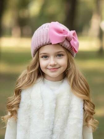 1 pieza Gorro de punto para niñas con lazo bordado, gorro de invierno cálido y de moda para niños, adecuado para fiestas y exteriores, tallas para niños pequeños/pequeños/grandes