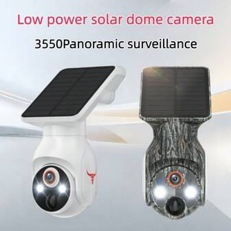 低功耗太阳能供电 PTZ 摄像机，迷彩太阳能供电户外安防摄像机，配备无线 WiFi、彩色夜视、对讲机和云存储。太阳能供电摄像机电池摄像机低功耗 PTZ 365 度全彩夜视远程监控。