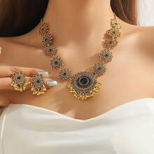 Bollywood Jewelry Sets Women Wedding Party Jewelry Flower Tassel Beaded Dangle Earring Oxidized Choker Necklace Gold-Tone Plated Zirconia Jhumkas Chandelier Earrings Boho Jewelry - 黑色 - 查看 6