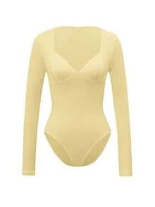 Vaiaye Women's Sexy Y2K Jumpsuit, V-Neck Long Sleeve Fitted Black Bodysuit, Suitable For Valentine's Day Wear, Spring/Summer - Yellow - View 3