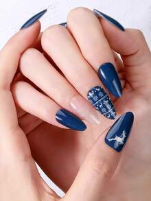 20pcs Semi-Cured Gel Nail Stickers, Create Winter Christmas Atmosphere, Crystal Nail Stickers, Exquisite Navy Blue Snowflake & Reindeer Glitter Design, Self-Adhesive Full Nail Stickers, Require UV Lamp, Easy To Apply And Remove, Suitable For Women And Girls' Christmas Party, Date And DIY Manicure Nails - Navy Blue - View 6