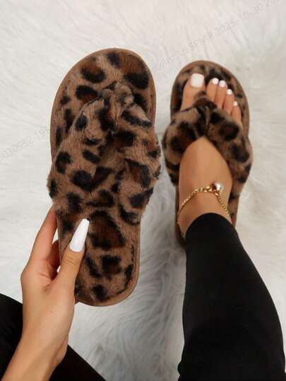 Women's Fluffy Leopard Print Comfy House Slippers,Halloween