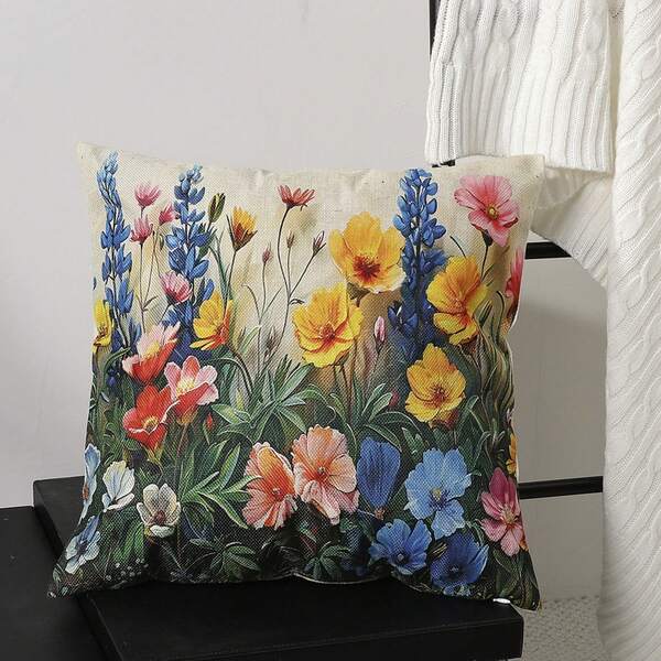 1pc Spring Decorative Throw Pillow Cover - 18x18 Spring Floral Farmhouse Style Cushion Cover, Linen Outdoor Pillow Sham For Home Decor