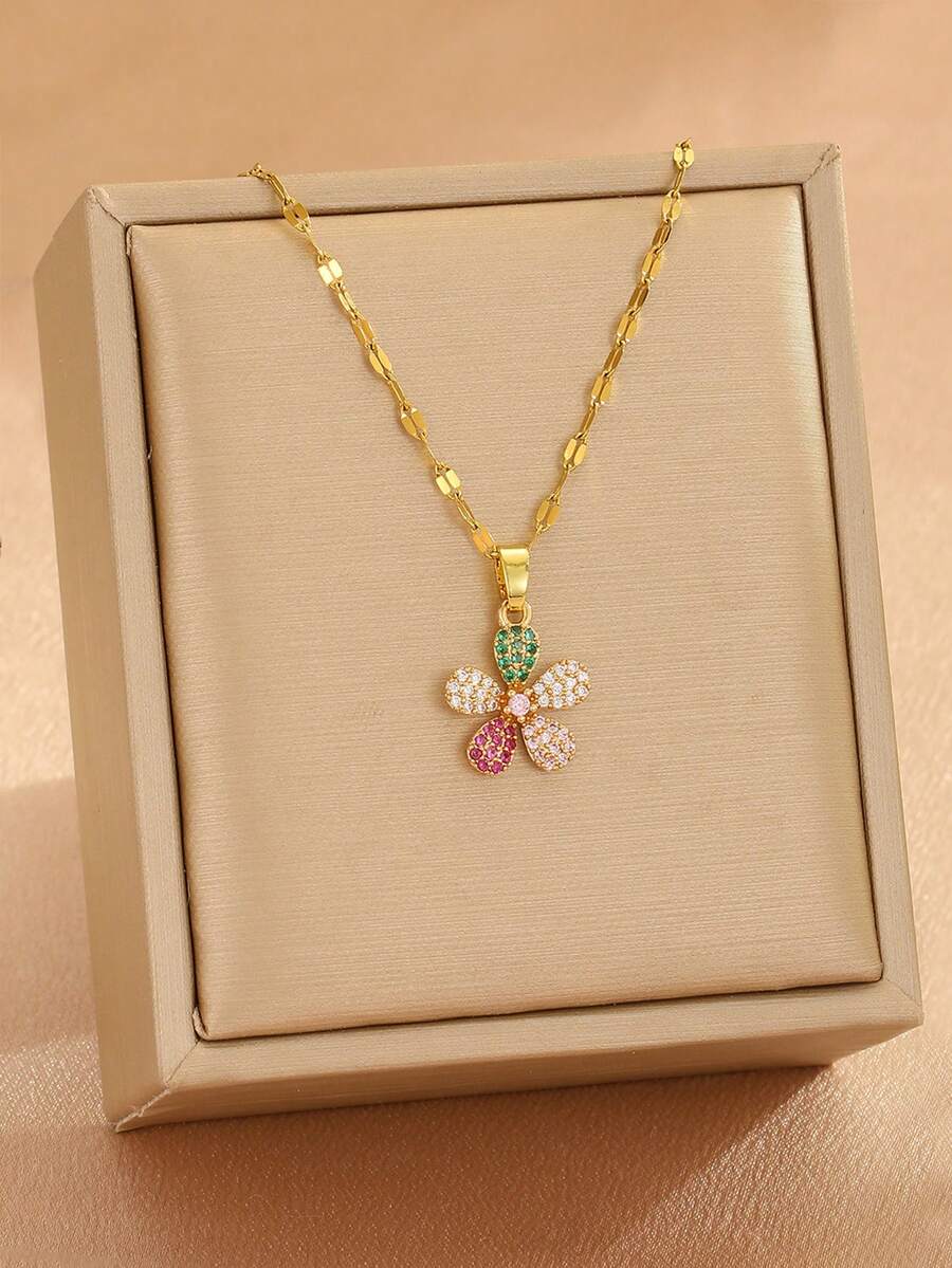 1件铜锆石彩色花朵吊坠项链,配不锈钢链,适合女孩佩戴,优雅时尚,可作为颈链或日常项链佩戴。 - 金色 - 查看 1