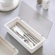 TFKI White Flatware Tray Kitchen Drawer Organizer With Lid And Drainer - Plastic Kitchen Cutlery Tray And Utensil Storage Container With Cover - 11.0 Inch Silverware Holder Drawer Organizer - 白色 - 查看 2