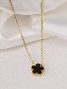 1pc Stainless Steel Four-Leaf Clover Pendant Necklace, Minimalist Everyday Wear Lucky Flower Charm Necklace For Women - Golden Five-leaf Clover Necklace - View 6