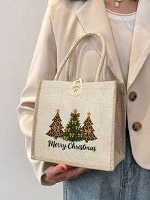 Weihnachts-Muster Leinen Einkaufstasche, wiederverwendbare bedruckte Handtasche für Frauen, Einkaufstasche mit doppelten Griffen, große Kapazität Schultertasche, lässige Einkaufstasche, Weihnachts-Aufbewahrungstasche, geeignet für Pendeln, Schule, Einkaufen, Outdoor-Aktivitäten, tolles Geschenk für Freunde, Freundinnen, Lehrer, perfekt für Urlaub und Feiertage - Verschiedenfarbig - Übersicht 10