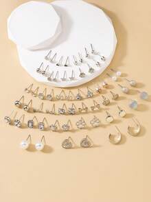 Bộ 30 đôi bông tai đính ngọc trai giả kim loại, nhiều kiểu dáng khác nhau bao gồm hình lá, ngôi sao, hoa, ngôi sao, trái tim, nơ, thời trang và dễ thương, thích hợp để đeo hàng ngày, quà tặng cho phụ nữ - Bạc - Xem 2