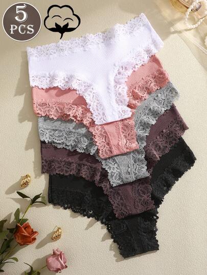 5pcs Women's Solid Color Minimalist Comfortable Lace Trim Bikini Panties