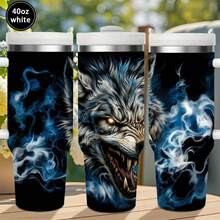 1pc 12oz/20oz/40oz Fierce Wolf Smoke Tumbler With Lid And Straw, Winter Insulated Travel Mug, Gift For Women Men, Ideal For Christmas, Memorial, Christmas, Birthday Gift, Iced/Hot Coffee Cup For Office - 20盎司 - 查看 2