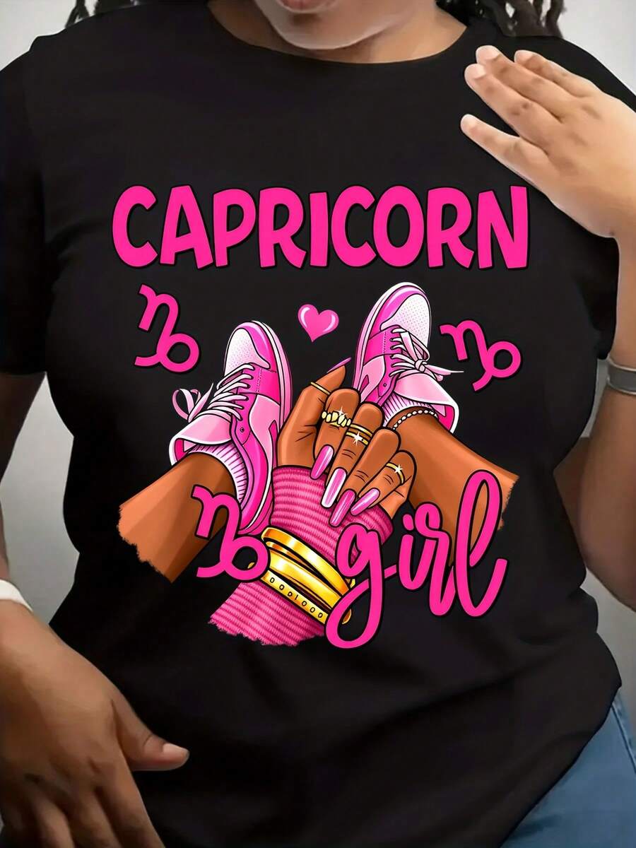 Women's Capricorn Girl Zodiac Sign Astrology Fashion Statement Shirt For Women With Pink Sneakers And Gold Accessories Design, Perfect For Outdoor Activities & Casual Attire, All-Season Style - màu đen - Xem 1