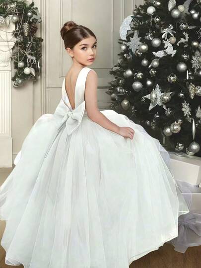 Vestido formal elegante de tule com laço para meninas adolescentes, perfeito para casamentos e festas noturnas