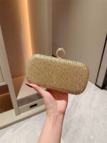 月光之夜手拿包，银色奢华水钻装饰金属链条单肩包，优雅迷你方形晚宴手拿包，适合婚礼、派对、正式场合，女士礼物，派对包，完美适用于派对、婚礼、圣诞/万圣节舞会、晚宴/盛会，婚礼必备，与毕业礼服、晚礼服完美搭配，是舞会配饰的理想之选。 - 金色 - 查看 2