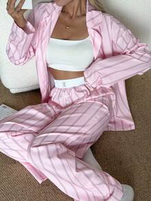 Nina Bonheur 两件套女士宽松舒适透气条纹长袖上衣和裤子睡衣套装，适合居家休闲、秋冬季穿着。 - 粉色 - 查看 2