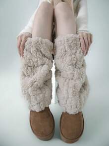 1 par de calentadores de piernas acogedores con forro polar de piel de conejo falsa, gruesos y cálidos para el invierno y el otoño, con estilo Y2K para mujeres - Multicolor - Ver 5