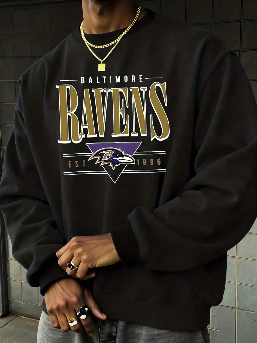 Men's Baltimore Rav-Ens Crew Neck Black Long Sleeve Pullover Sweatshirt - 黑色 - 查看 1