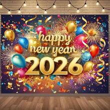 1 Piece 2026 New Year Party Backdrop - Fireworks & Gold Balloon Design With "Happy 2026" Text, Vibrant Photo Background, Suitable For Weddings, New Year Decorations, Year Banners, Happy New Year Fabric, New Year Banners, Also Suitable For Decorating Inside And Outside The Home, Multiple Sizes Available - Color - View 1