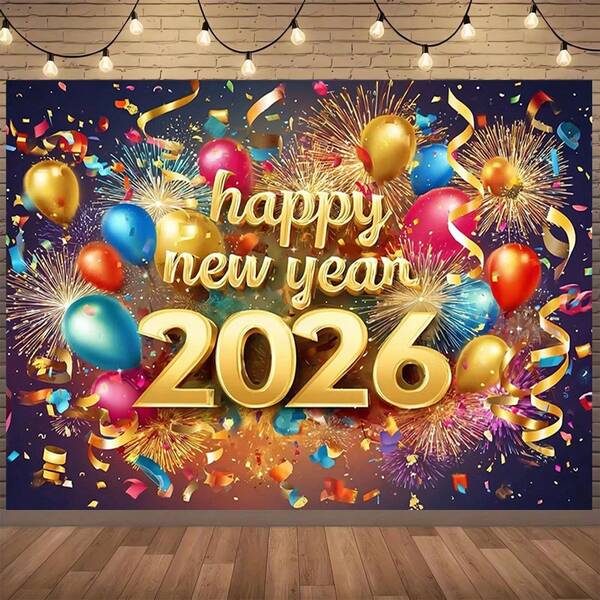2026新年派对背景布 - 烟花和金色气球图案，印有“Happy 2026”字样，色彩鲜艳，适合拍照，可用于婚礼、新年装饰、新年横幅、新年快乐布艺、新年横幅等，也适合室内外家居装饰，多种尺寸可选。