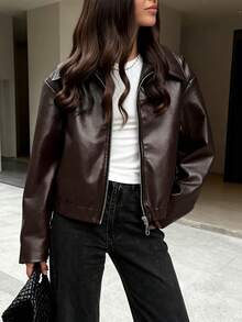 Zippered Pockets - Winter Coat With Full-Length Zipper, Golden-Tone Hardware, Casual To Formal Outerwear For Everyday & Special Occasions, Coat For Women (Pink/) - Autumn/Wi   Women'S Red Faux Jacket With Full-Zip Front Closure, Full-Zip Front - màu nâu - Xem 2