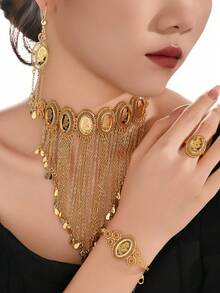 5-Piece Set: Elegant Rose Design Jewelry Set Including Necklace, Bracelet, Earrings, Ring. 24K Gold Plated Copper Meteor Shower V-Shaped Tassel Necklace, Gift For Mother's Day, Valentine's Day, Women - Gold - View 13