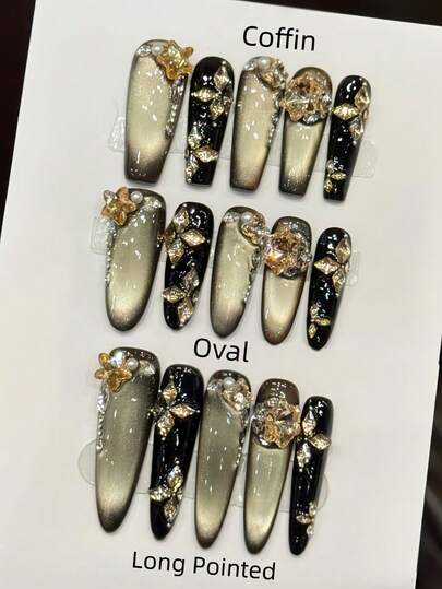 10 件手工指甲椭圆形棺材钉长尖按压指甲长，柔和的金黑色指甲，闪亮的猫眼指甲片，指甲宝石菱形钻石大星石珍珠镶嵌，前卫优雅奢华秋季按压指甲，秋季指甲，派对日常和约会使用海滩热带度假适用，DIY 假指甲适合女性和女孩作为礼物指甲用品