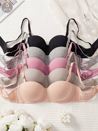 5 件女士舒适睡眠纯色柔软半杯聚拢内衣耳边式，适合小胸围