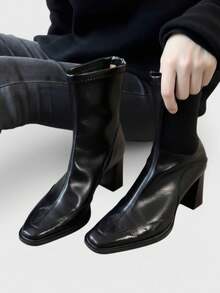 Giày bốt cổ ngắn mũi vuông Thu/Đông 2025 dành cho nữ, kiểu Pháp, gót dày vừa phải, bốt ôm sát, co giãn. - màu đen - Xem 3